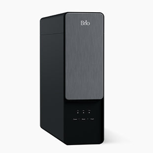 A black and silver desktop computer tower with a brushed metal front panel, labeled Brio. Below are three indicator lights and labels for power, HDD, and fault. The background is plain white.